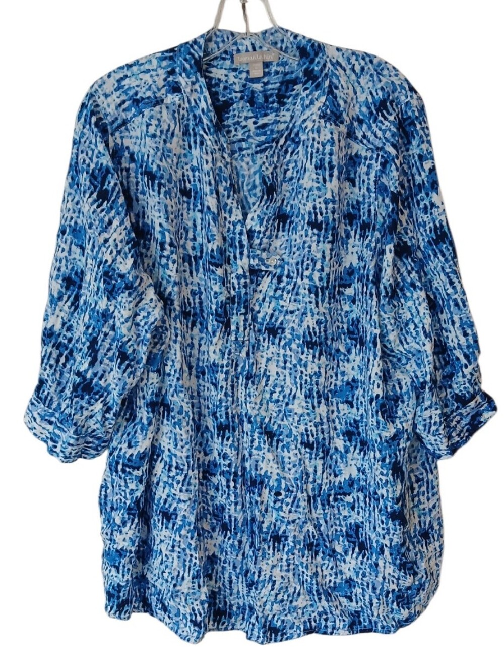 Woman Within Blue And White Patterned Blouse Size 22/24